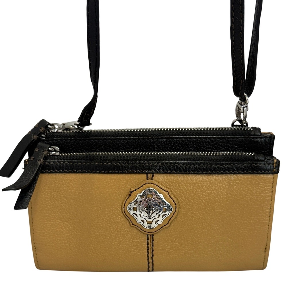 Brighton Leather Crossbody Wallet Bag Tan Black Silver Medallion Organizer